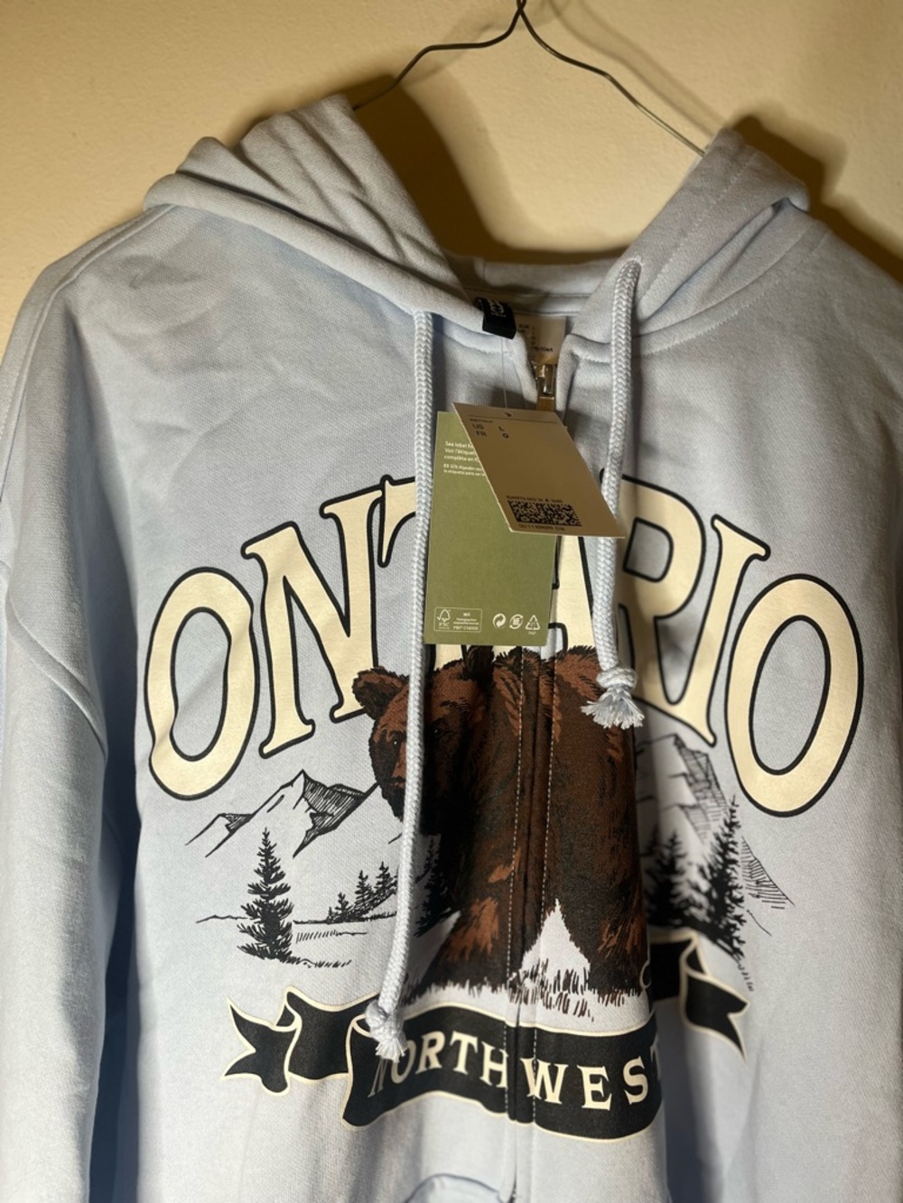 H&M Light Blue Ontario Bear Graphic Zip Hoodie Size Large NWT - Picture 3 of 5